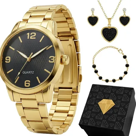 Relogio Feminino Casual Dourado Ouro Social + Jóias + Caixa Dourado Preto