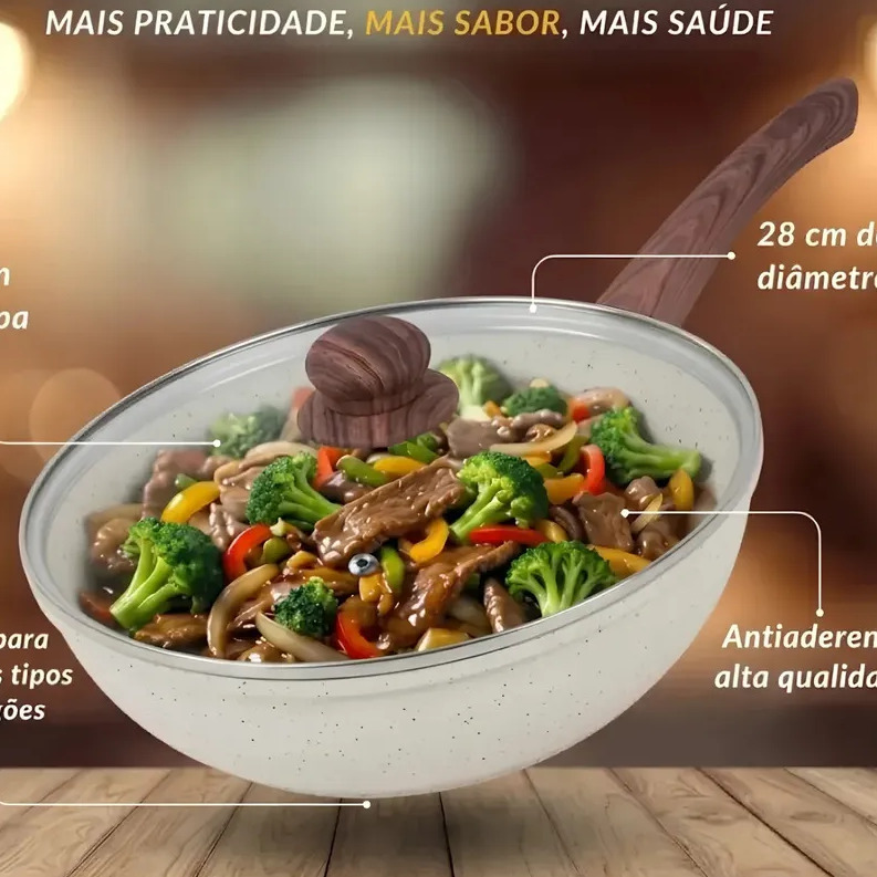 Frigideira Antiaderente Wok Em Cerâmica Grande Com Tampa Em Vidro Para Fogão De Indução E Gás 28cm 3,6l Cook Cerâmica Creme Pítia Frigideira Antiaderente Wok Em Cerâmica Grande Com Tampa Em Vidro Para Fogão De Indução E Gás 28cm 3,6l Cook Cerâmica Creme Pítia