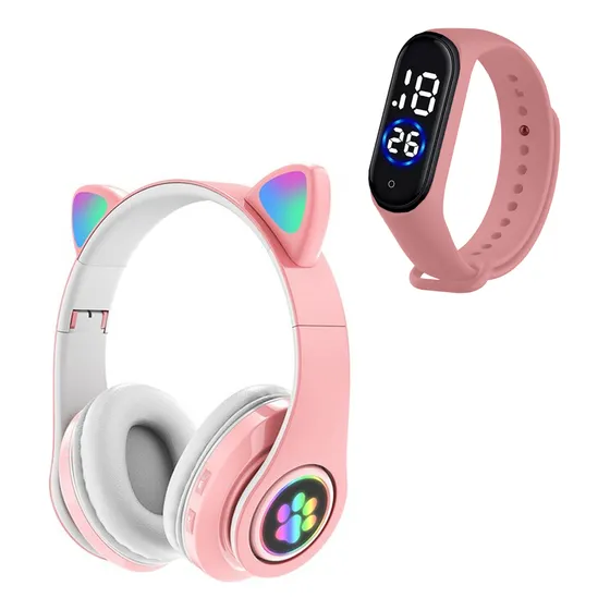 Fone Ouvido Gatinho Bluetooth Adulto Crianças + Relógio Led