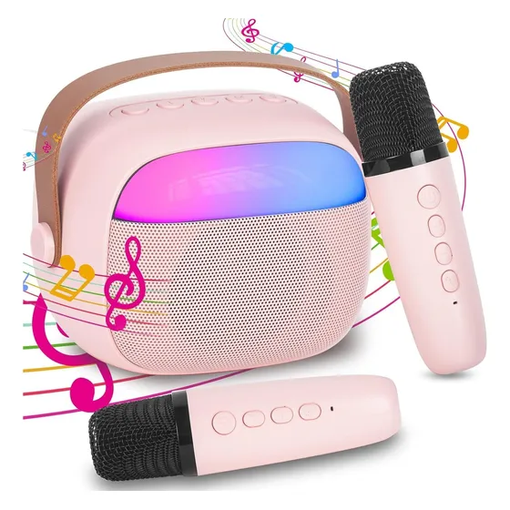 Karaoke Para Niños Con 2 Micrófonos Inalámbricos Con Bocina Rosa