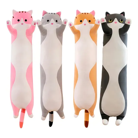 Bonita almohada larga y suave con forma de salchicha de felpa, color gato de peluche negro