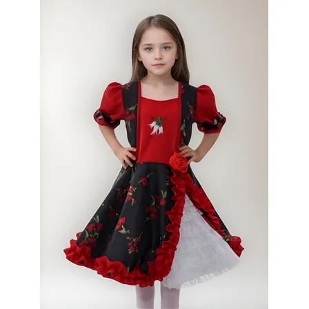 Vestido Traje Huasa Niña Baile Cueca Rojo Floreado Copihue