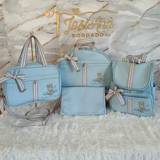 Kit Bolsa Maternidade Menino 4 Peças Azul Ursinho Bordado Azul-celeste