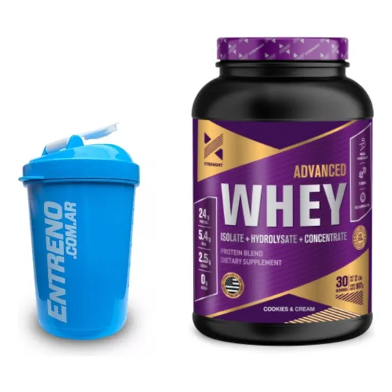 Advanced Whey Protein Xtrenght Proteína Isolada Concentrada Hidrolizada 2lb Sabor Cookies & Cream + Shaker Batidor 600ml - Crecimiento Muscular