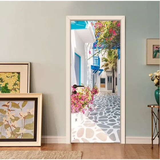 Adhesivo 3d Para Puerta Diseño Griego Romantico Calle Griega