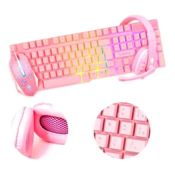 Kit Gamer Starter Rosa Teclado + Mouse + Headset Evolut Eg53