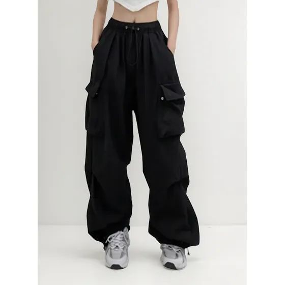 F Pantalones Holgados De Paracaídas De Hip Hop Con Cordón