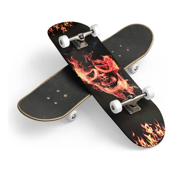 Skate Completo Calavera Arde Roja Premium Lija Uretano
