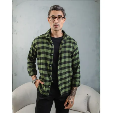 Camisa Social Masculina Xadrez Manga Longa Casual Inverno Xadrez Verde Xadrez M