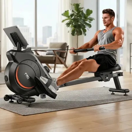 FED Fitness Simulador de Remo Seco Magnético Silencioso 16 Níveis Bluetooth, Volante de Inércia 6kg, Capacidade 160kg, Dobrável para Apartamento