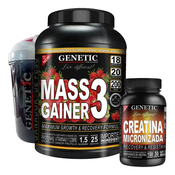 N°1 Fuerza Masa Muscular Gainer 1.5k Creatina Shaker Genetic Sabor Frutilla