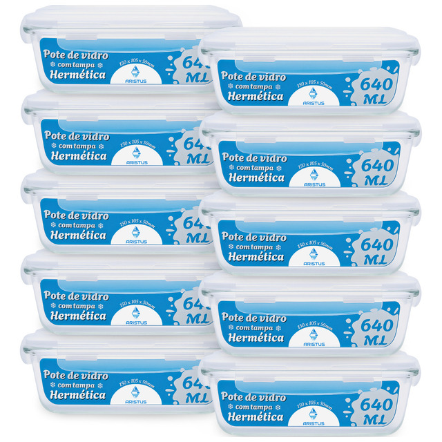 Kit 10 Potes Herméticos Vidro Aristus 640ml 4 Travas Cozinha Branco Kit 10 Potes Herméticos Vidro Aristus 640ml 4 Travas Cozinha Branco
