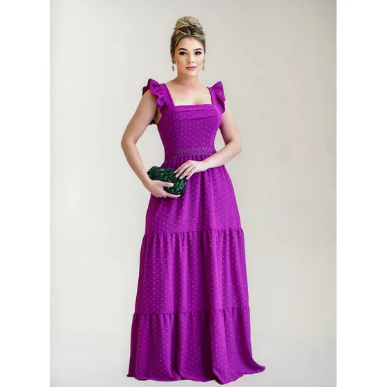 Vestido Longo Luxo Com Babada Na Mangas E Reda Na Cintura