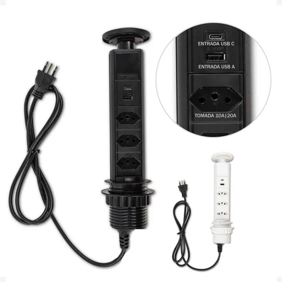 Torre De Tomada Retrátil Multiplug Usb A Usb C 3 Tomadas 20a