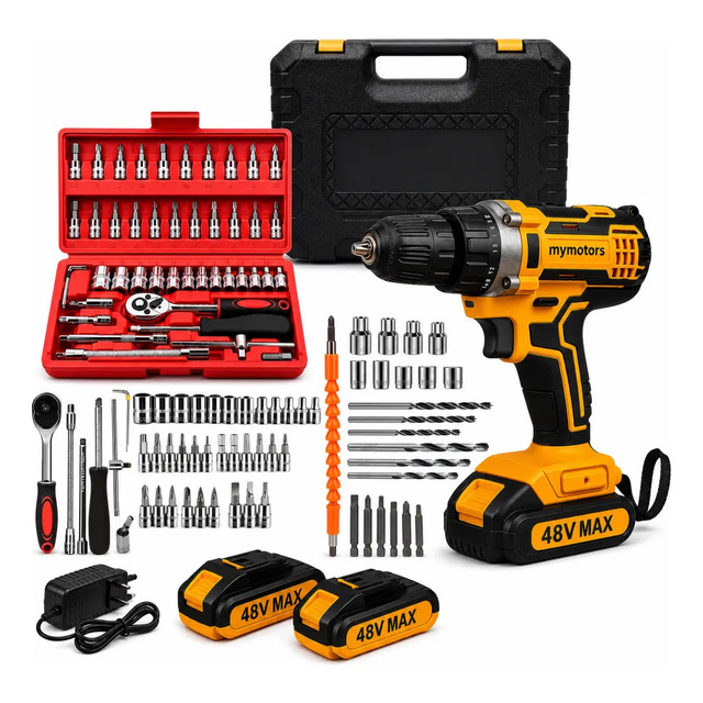 Parafusadeira Furadeira de Impacto 48V com 2 Baterias e Kit 46 Pecas
