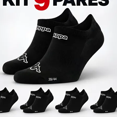 Kit 9 Pares Meias Kappa Sapatilha Soquete Invisível Original Preto 38-43