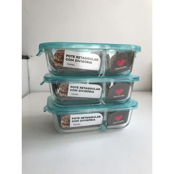 Kit 3 Pote De Vidro Com Divisória E Tampa 700ml Retangular