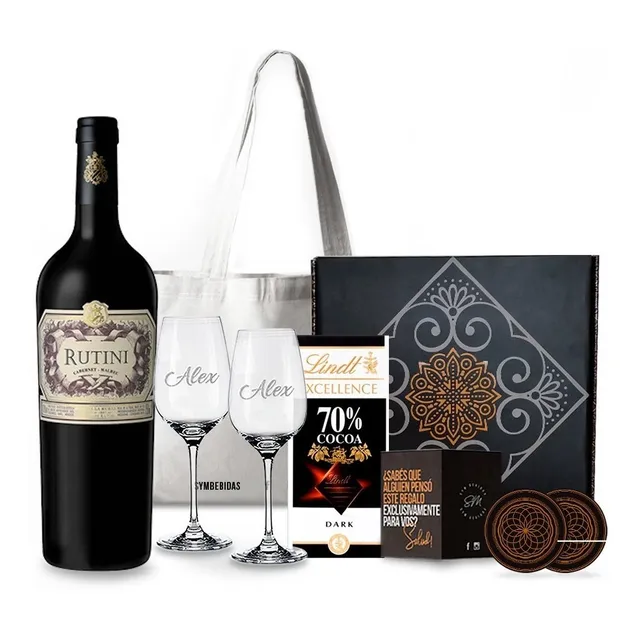 Box Vino Rutini Cabernet Malbec Copas Transparente Chocolate