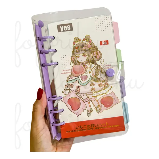 Caderno Capa Pvc 6 Furos Fichário A6 Menininhas Fofas Kawai Cor Roxo