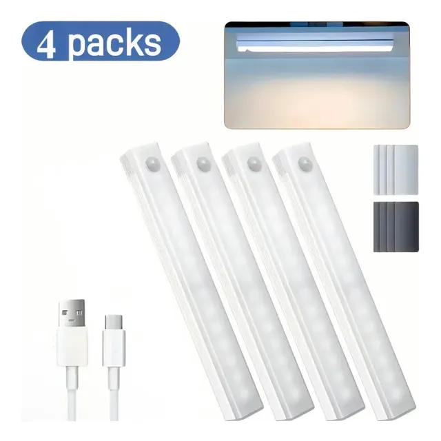 Pack De 4 Luces Led Recargables Por Usb Sensor De Movimiento Blanco Blanco