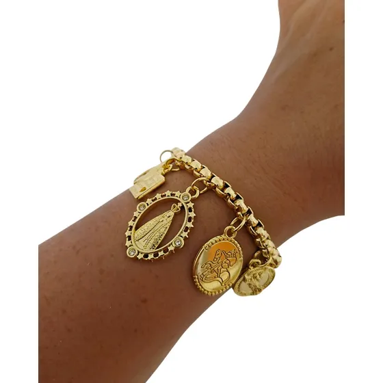Pulseira Feminina Banhado Berloques Catolica Religioso Comprimento 21 Cm Cor Dourado Diâmetro 21 Cm