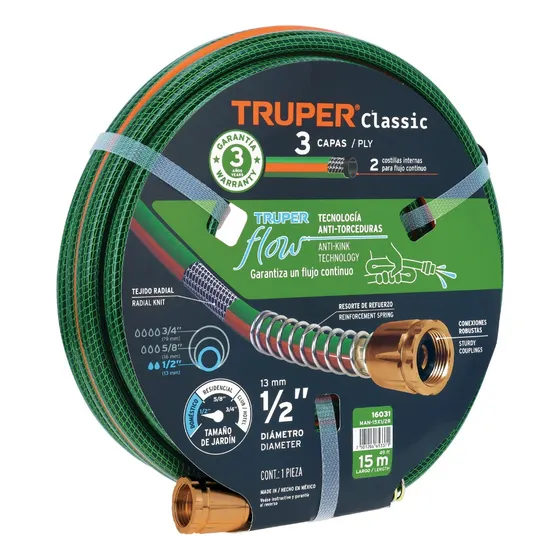 Manguera Ø 1/2 PuLG. X 15 Ml, 3 Capas (conexiones), Truper