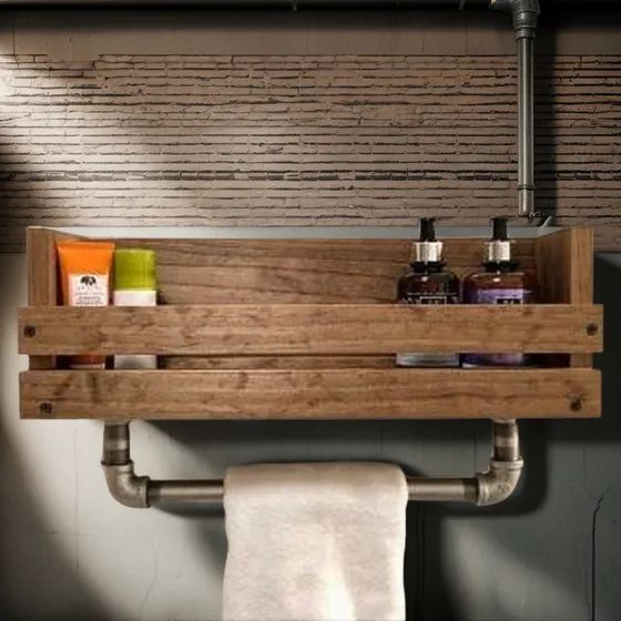Repisa Baño Rustica Pared, Madera/metal  Marca Retro-deco