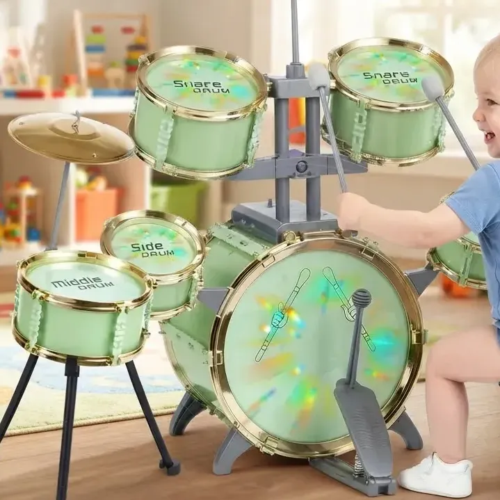 Bateria Infantil Banquinho Brinquedo 6 Tambores e Luzes LED Instrumento de Percussão Musical Educativo Com 2 Pratos Pedal Baquetas Verde