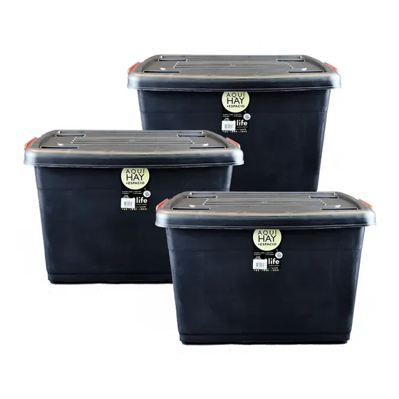Set X3 Baul Caja Organizadora Plástico 95lts Reforzada Rueda Color Negro Liso