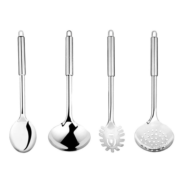 Kit Jogo Inox Utensílios Pegador Escumadeira Concha Colher Kit Jogo Inox Utensílios Pegador Escumadeira Concha Colher