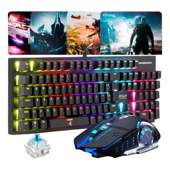 Combo Gamer Mouse Teclado Mecânico Blue Switch Led Rgb Jogos