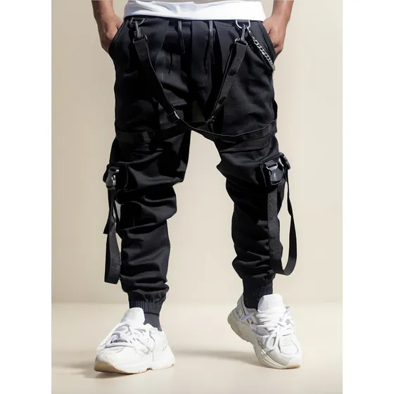 Calça De Sarja Masculina Com Fitas Corrente E Suspesorio 