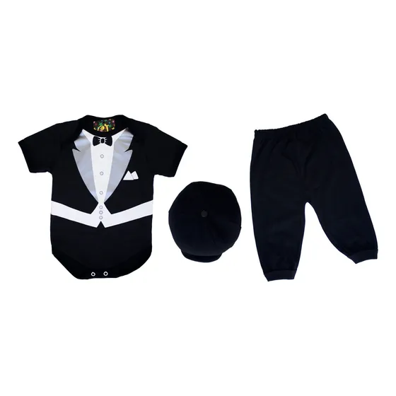 Body + Calça E Boina 100% Algodão Terno Poderoso Chefinho