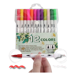 Kit 12 Cores Canetas Brush Pincel Dupla Ponta Fina Coloridas Kit 12 Cores Canetas Brush Pincel Dupla Ponta Fina Coloridas