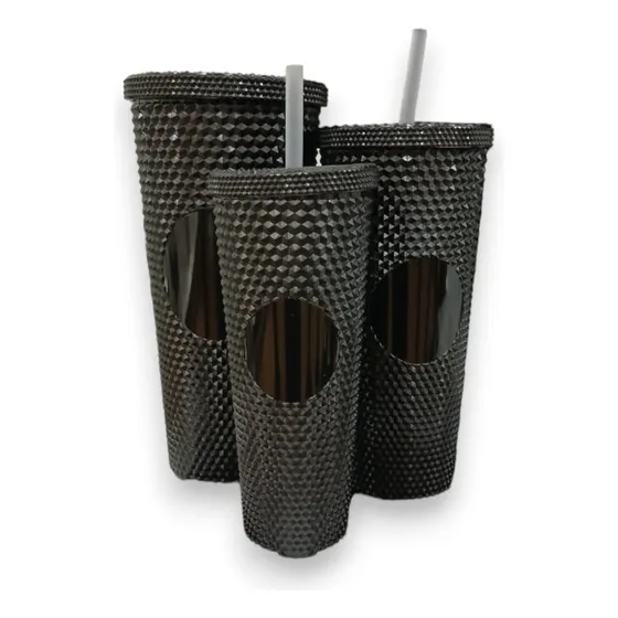 Set De 3 Vasos Con Tapa De Rosca Y Pitillo 