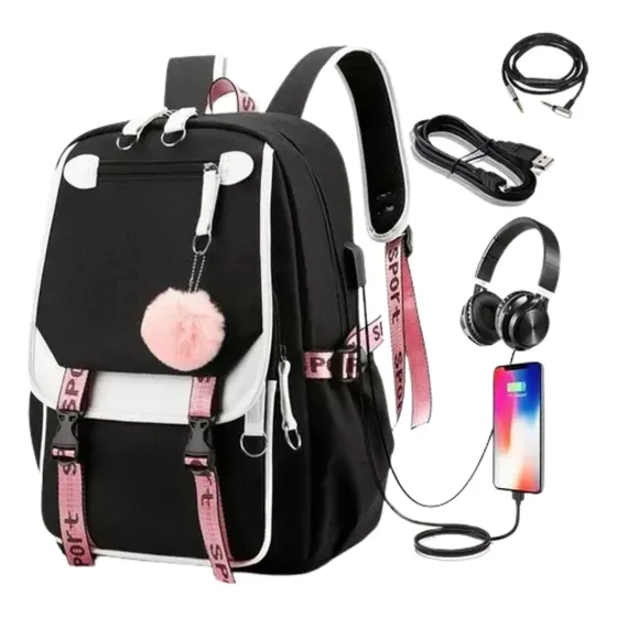 Mochila Impermeable Laptop Salida Para Auriculares Cargador Color Black Diseño De La Tela Liso