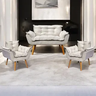 Kit Namoradeira Reforçada + 2 Poltronas Decorativas Para Sala Recepção Consultório Escritório Suede Bege Kit Namoradeira Reforçada + 2 Poltronas Decorativas Para Sala Recepção Consultório Escritório Suede Bege
