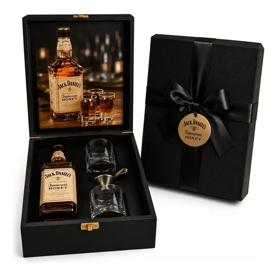 Kit Box Whisky Jack Daniel's Mel Honey com 2 Copos + Dosador. Presente de Aniversário, Natal e todas as ocasiões