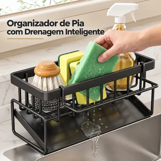 Organizador de Pia em Aço Carbono Preto com Drenagem, para Detergente e Esponja