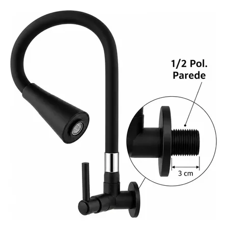 Torneira Para Cozinha Gourmet de Parede Preta Silicone Flexível Bica Móvel 2 Jatos Modelo Moderno para Pia Água Fria