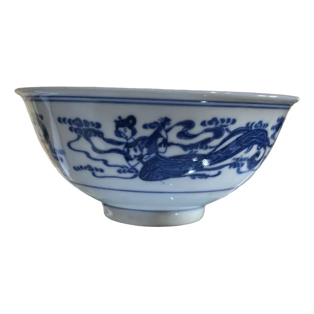 Bowl Tazón Chino Azul Y Blanco Pintado A Mano Imperio Chino