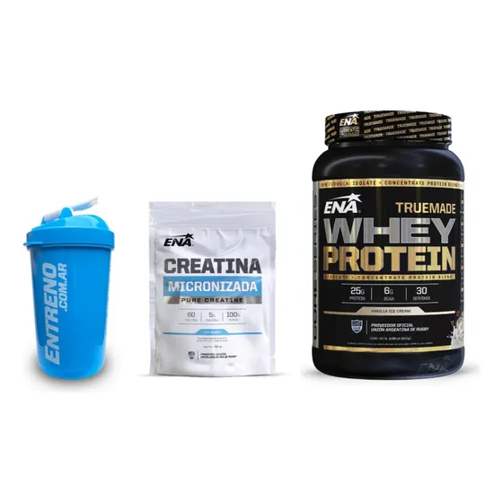 Ena True Made Whey Protein Proteína Isolada Concetrada 2lb Sabor Vainilla + Creatina Micronizada 300g Sin Sabor + Shaker Batidor 600ml - Crecimiento Recuperación Muscular