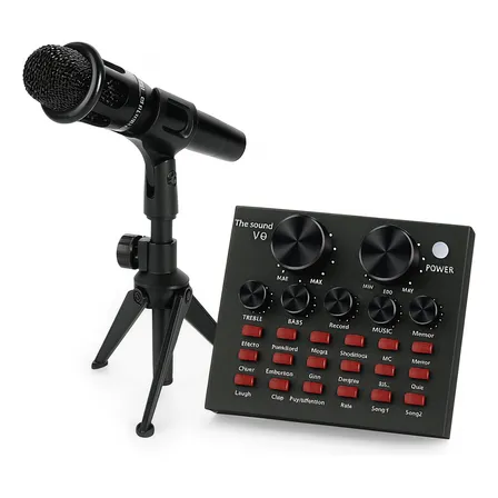 Kit Microfono Condensador Con Tarjeta De Sonido V8 Bluetooth Y Audifonos Negro Microfono Streaming Podcast