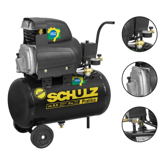 Compressor De Ar Csi 8,6 25 Litros Pratiko 2hp Schulz Cor Preto Fase Elétrica Monofásica 220v
