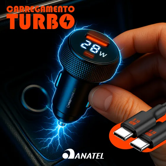 Kit Tomada Usb Veicular Carregador Turbo Carro Plug Acendedor 60w Display Led Tipo C iPhone Samsung Android Ios Portátil Rápido Embutir Voltímetro Usb-c Motorola Cinzeiro Extensao Saídas Pro Phone See