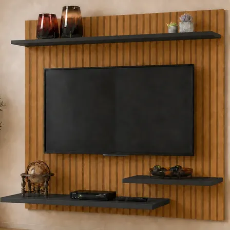 Painel Suspenso De Tv 32 Polegadas Moderno 90x90cm Para Sala Ripado Preto