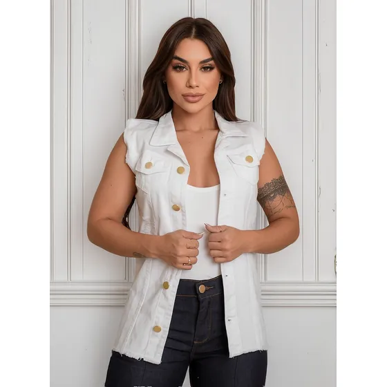 Max Colete Jeans Feminino Destroyed Plus Size Sem Manga