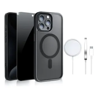 Funda Magsafe Para iPhone + 15w Magsafe Cargador Inalambrico + Mica Privacidad 9d Negro iPhone 13