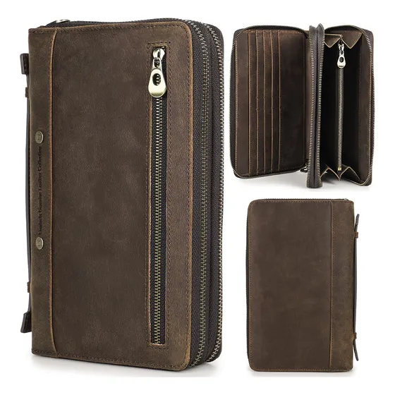 Top Grain Genuine Leather Clutch Wallet Con Wristlet 5ndnf