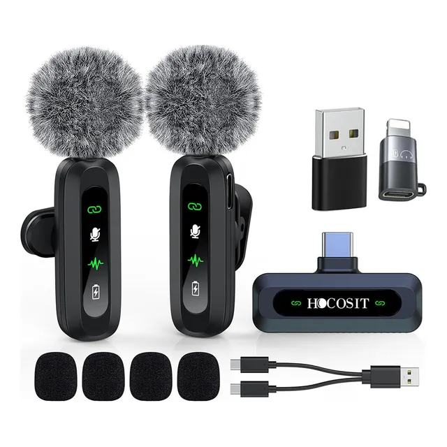 Micrófono inalámbrico Lavalier Cancelación de Ruido Excepcional de alta duración para iPhone iPad Android 2 unidades Hocosit J3 Cancelación De Ruido Con Un Solo Toque Reverb Sonido Estéreo Fuerte